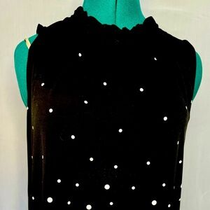 Croft&Barrow sleeveless blouse, black with white polka dots and frill neck, M